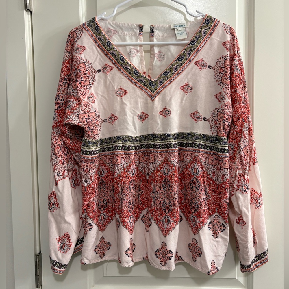 Sundance Pink and Red Printed V-Neck Boho Top